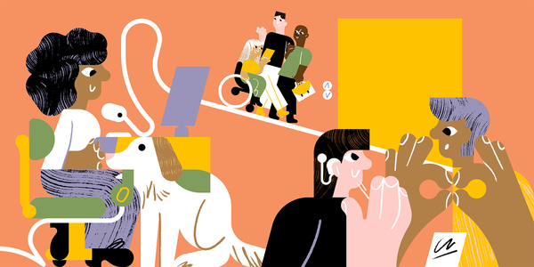 Illustratie van vrouw op kantoor met ondersteuningshond, twee personen communiceren met elkaar in gebarentaal over een CV.